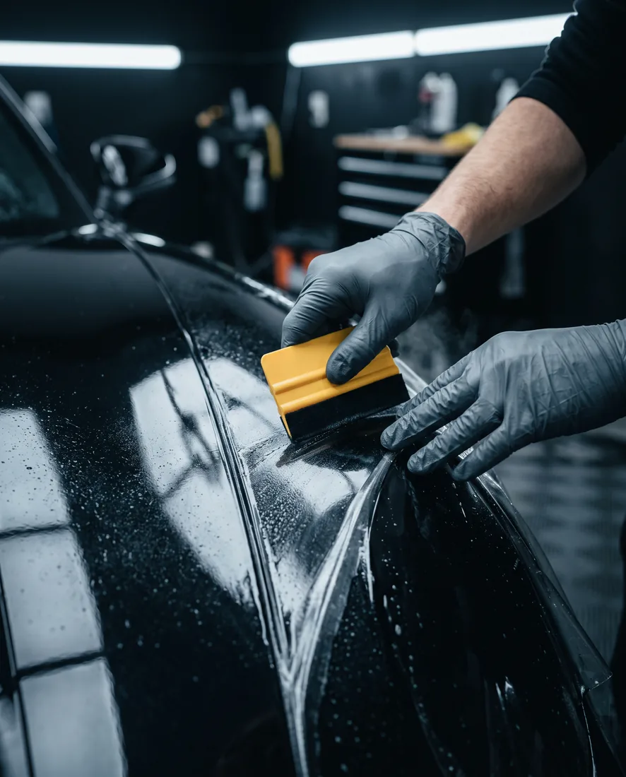 Hands working film across a panel with a squeegee