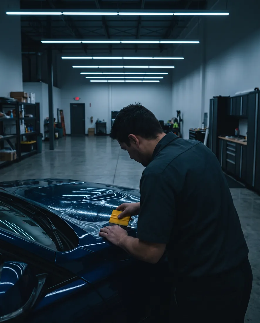 Installer working over a car in the shop bay