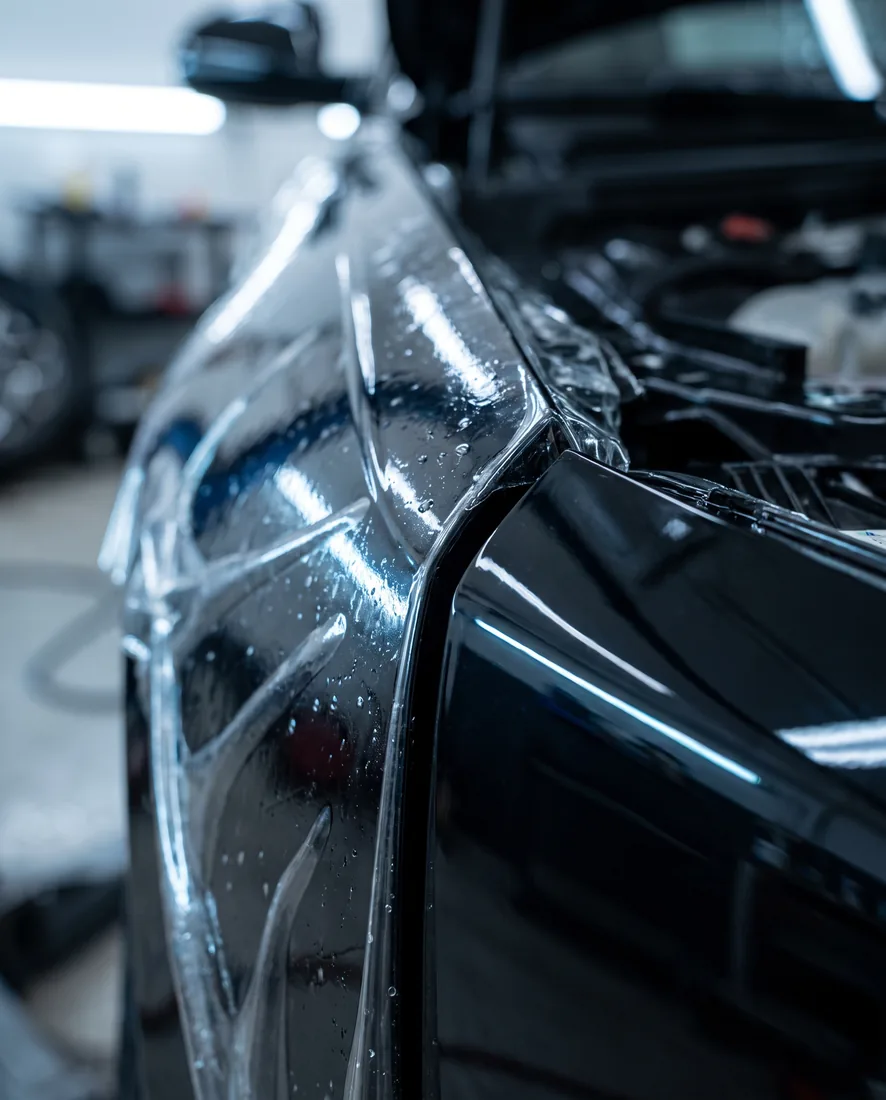 Protection film wrapped and tucked around the sharp edge of a body panel