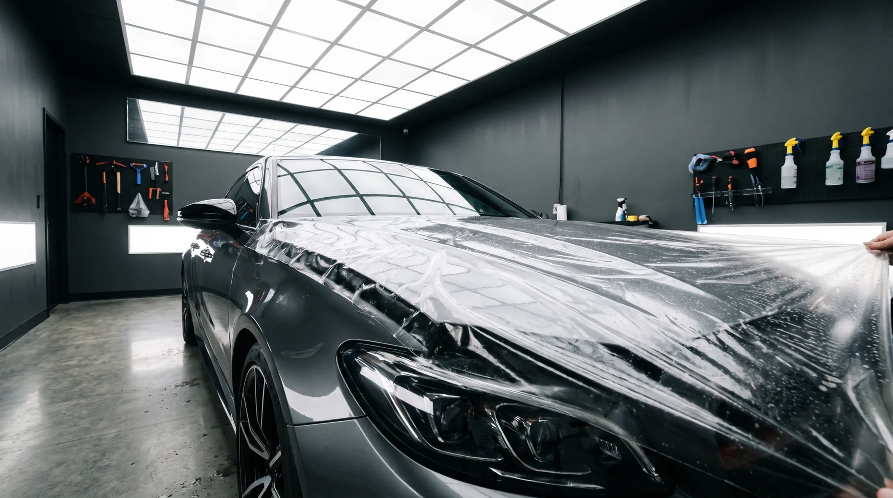 Clear protection film being laid over the hood of a car in the shop bay