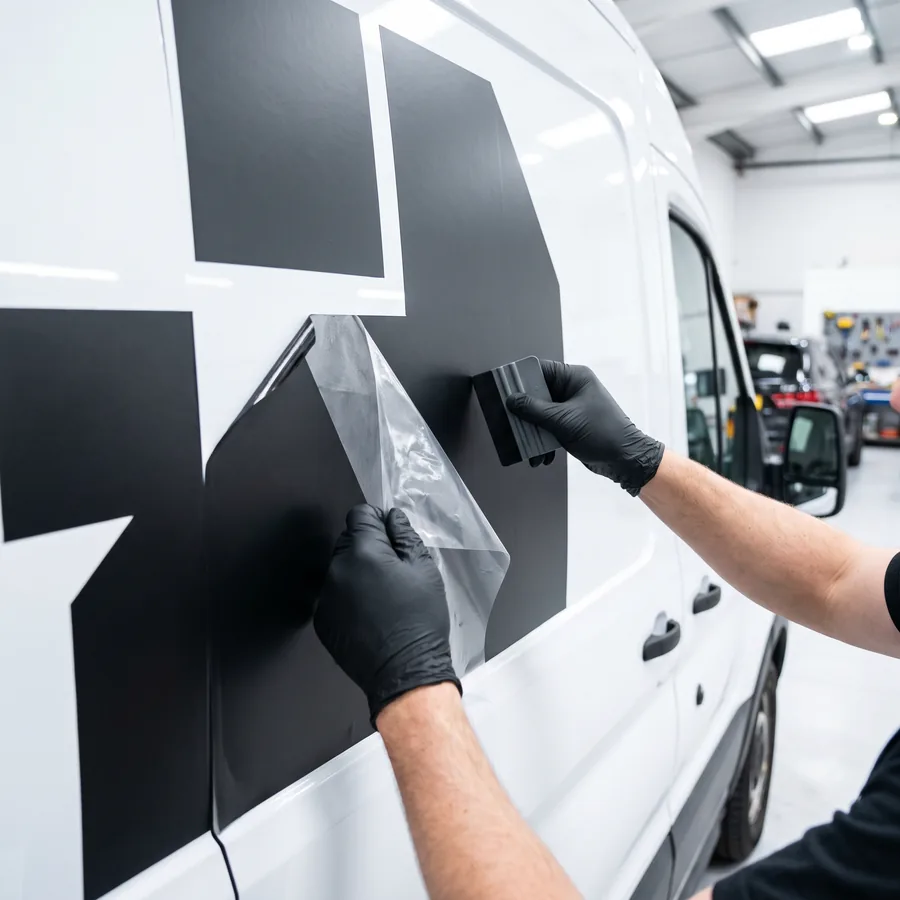 Cut vinyl graphics on the side panel of a cargo van with transfer tape peeling back