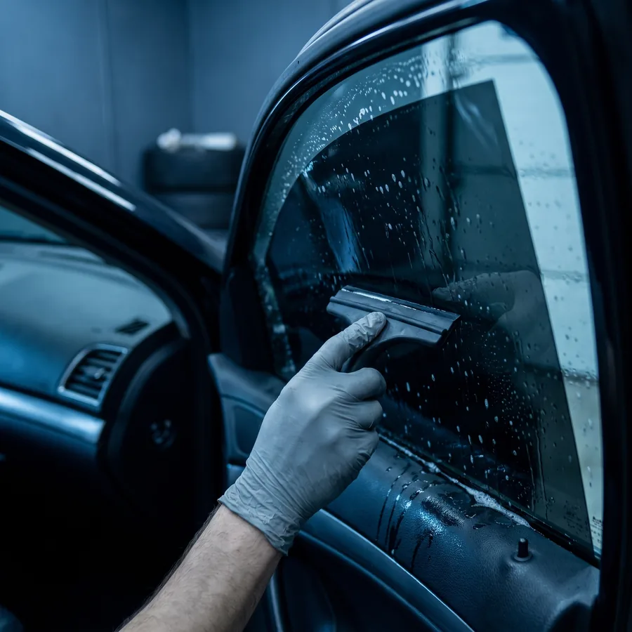 Film being fitted to a door glass