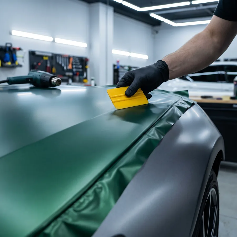Satin green vinyl wrap film being squeegeed onto a fender