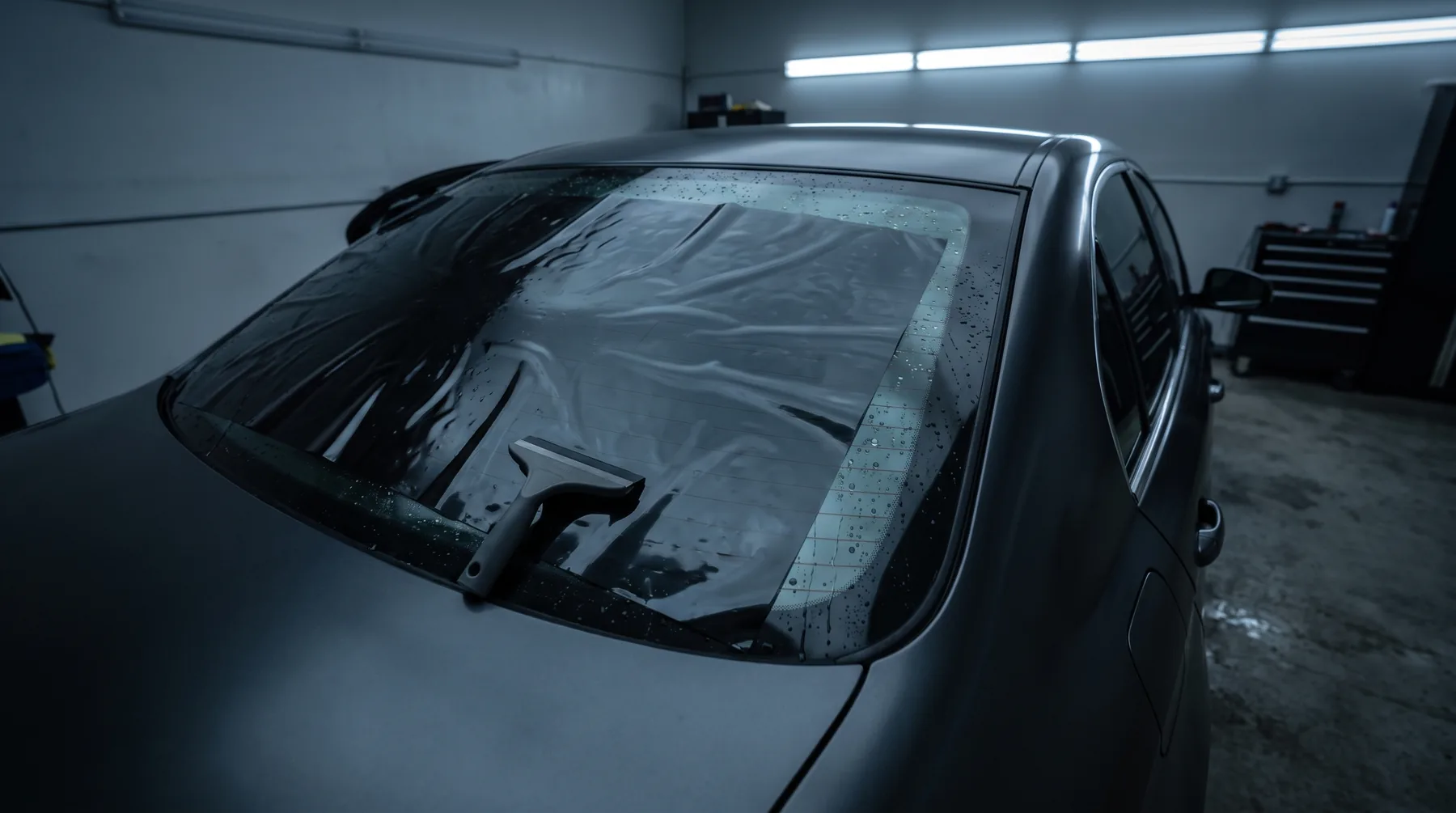 Vehicle in the shop bay during a film install