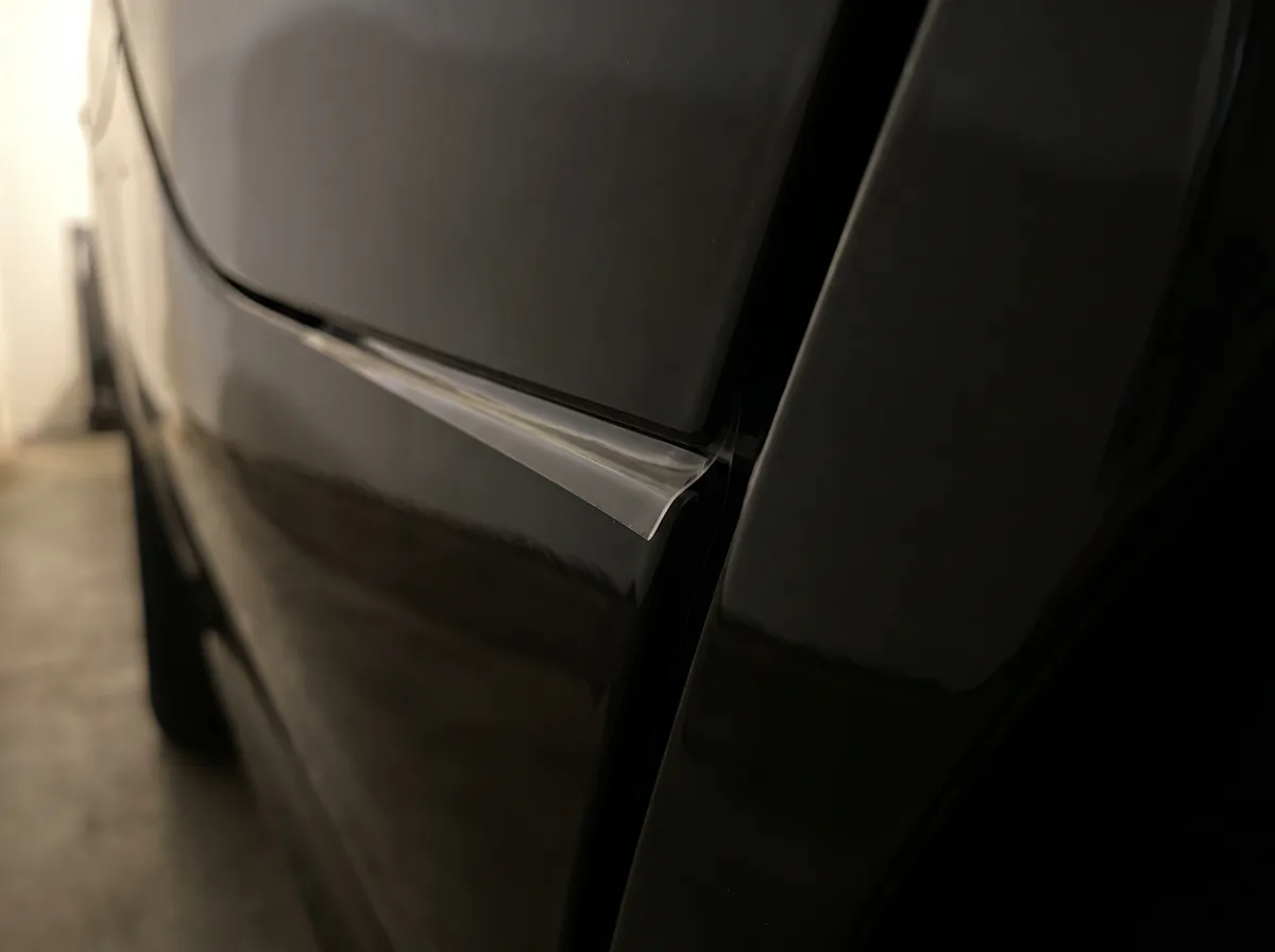 Paint protection film edge tucked into a bumper panel gap